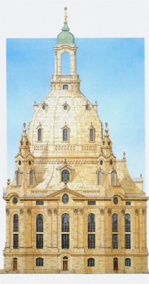 Stephen Conlin: The Frauenkirche, Dresden (drawn as part of the fundraising effort, when the building was still a pile of rubble - SC), ink and watercolour with airbrushed sky, 40 x 80 cm; courtesy the artist